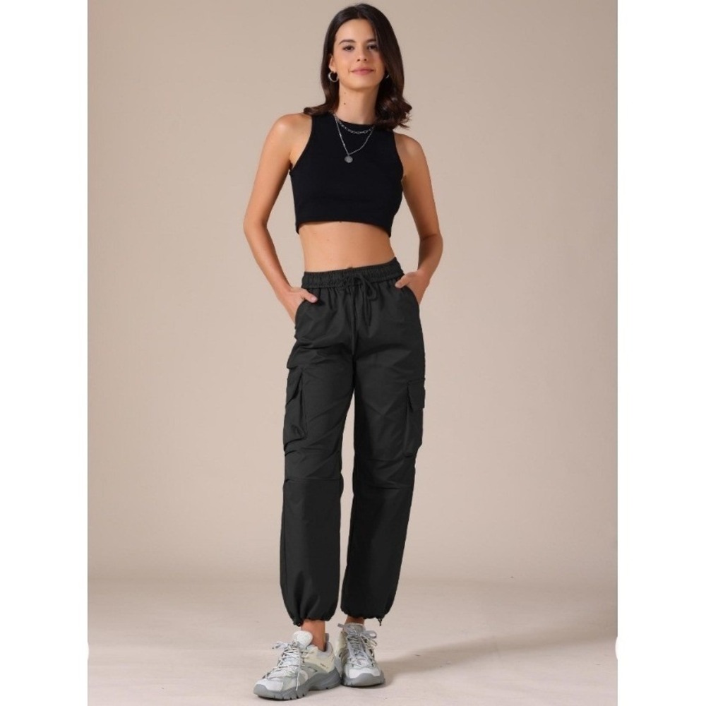 Allegra K Women Black Satin Cargo Pants High Waist Joggers Drawstring Size M NWT